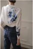 Autumn New Vintage Ink Printing Chiffon Shirt Turn-Down Collar Long Sleeve Satin Blus Women Summer Korean Style Casual Shirt