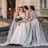 2023 Sexy Silver Gray Bridesmaid Dresses Jewel Neck Lace Hand Made Flowers Satin Half Sleeves Plus Size Maid Of Honor Gowns Wedding Guest Dress