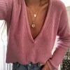 Suéteres de mujer Otoño Invierno mujer Color sólido suéter de punto cuello en V profundo pulóver de talla grande moda Sexy Top