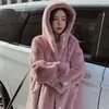 Women's Fur Hooded Coat Women Winter Faux Jacket Add Cotton Thicken Warm Outwear Casual Loose Large Size Furry Tops KW318