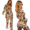 Women's Two Piece Pants TNNAOFF Print 2 Set For Women Long Sleeve V-neck Shirt Fall Sexy Straight-leg Lounge Wear Matching Sets