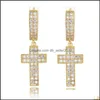 Stud Cubic Zirconia Fashion Cross Earrings Stud för herrguldpläterade smycken Kvinnor Key Dangle Iced Out Diamond Earings Rings 1283 B3 Dhoj9