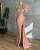 Elegant Sheer One Long Sleeve Mermaid Prom Dresses Front Split Sweep Train Pink Satin Formal Evening Occasion Gowns Robe De