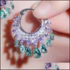 Dangle Lustre Zircons Élégant Violet Bleu Cz Cristal Dangle Goutte D'eau Gland Hoop Boucles D'oreilles De Mode De Mariage De Mariée Boho Jewelr Dhfwr