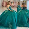 Mörkgrön quinceanera klänningar spetsar applikationer pärlor korsett tillbaka från axelband skräddarsydda söt prinsessan party boll klänning vestidos