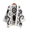 Kvinnors stickor Abrini Women Diamond Boho Cardigans Sticked Chic Pattern Sweaters Coat Winter Cardigan Autumn