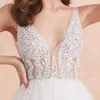 Robe De mariée col en V blanc ivoire Sexy haute fente perlée perles perles cristal une ligne dos nu robe De mariée Vestido De Noiva