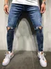 Mode hommes jean trou déchiré fermeture éclair taille haute Stretch maigre Denim pantalon décontracté crayon maigre Pants309y