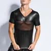 Men's T Shirts Wetlook Mens Shirt Patent Leather Tshirts Sexy Men Fashion Tees Tight Mesh Patchwork Funny Undershirts Gay Fitness Tops