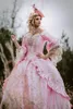 Vintage Pink Prom Quinceanera Dresses Flare Long Sleeves Gold Appliques Ball Gown Princess Sweet 15 Dress Court Train Corset Satin Special Occasion Gowns 16 Years