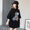 Women's T Shirts Summer Cotton Color Cartoon Printed Short-sleeved T-shirt Women's Mid-length Loose College Style Top Women