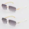 NY DESIGNER MODELL DIAMOND CUT RIMLESS SUNGLASSES KVINNA 3524012 Luxury White äkta naturligt horn solglasögon Kvinnor Stora fyrkantiga GLA187P