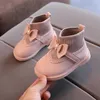 Stövlar Nya 2022 Autumn Children's Shoes Girls Soft Leather Ankle Fashion Cute Bow Baby Princess High Top Sneakers andningsbara Y2210