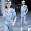 Frauen Zwei Stück Hosen frauen Frühling Herbst Mit Kapuze Sport Anzug 2022 Mode Freizeit Baumwolle Zipper Jacke Corp Tops und Set