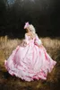 Vintage Pink Prom Quinceanera Dresses Flare Long Sleeves Gold Appliques Ball Gown Princess Sweet 15 Dress Court Train Corset Satin Special Occasion Gowns 16 Years