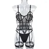 Bras Sets Sexy Erotic Lace Lingerie Set Bandage Grid See Through Porn Underwear Women 3 Piece Bra Thongs Outfits Sensual Whore Costumes