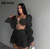 Two Piece Dress CMYAYA Women Two 2 Piece Set Outfits Elegant Lantern Sleeve Crop Tops and Ruffles Mermaid Mini Skirts Suit Matching Set Autumn J230506