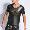 Heren t shirts wetlook heren shirt octrooi lederen t -shirts sexy heren mode t -tientjes strakke mesh patchwork grappige onderhemden gay fitness tops