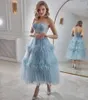 Strapless Formal Evening Dresses with Feathers Ankle Length Sweetheart Neck Tulle Prom Party Gowns