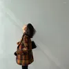 Women's Wool 2022 Winter Women Woolen Plaid Blazer Retro Vintage Brown Color Checked Slim With Belt Ladies Tweed Jacket Female Coat