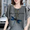 Camicette da donna comode ed eleganti casual lettera pullover con stampa libellula top maglietta traspirante streetwear anti-pilling