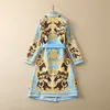 Spring Notched-Lapel Paisley Print Belted Trench Coat Blue Long Sleeve Buttons Double-Breasted Long Outwear Coats S2O08CT