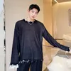 Men's T Shirts 2022 Spring Summer Long Sleeve T-shirt Korean Style O-neck Thinlight Knitted Tee Damaged Hem Tops See Through