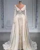 White Mermaid Wedding Dresses Lace Appliques Detachable Train Bridal Gowns Custom Made V Neck Plus Size Vestido de novia