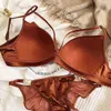 Bras Sets Sexy satin no trace glossy lingerie with underpants suit no steel ring strap design bra briefs set women large size thin lingeri T220907