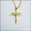 Pendant Necklaces 24K Solid Yellow Gold Gf 6Mm Italian Figaro Link Chain Necklace 24" Womens Mens Jesus Crucifix Cross Pendant 50 U2 Dhfb2