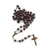 Chapelet Long en bois rouge foncé, croix de jésus, collier catholique Vintage pour hommes et femmes, bijoux religieux