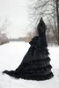 Vintage Victoriaanse trouwjurk zwarte drukte historische middeleeuwse gotische bruidsjurken hoge nek lange mouwen corset winter cosplay maskerade jurken