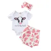 Set di abbigliamento 3 pezzi Born Abiti casual Neonata Lettera Modello mucca Girocollo Manica corta Pagliaccetto Pantaloncini Fascia per capelli