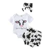 Set di abbigliamento 3 pezzi Born Abiti casual Neonata Lettera Modello mucca Girocollo Manica corta Pagliaccetto Pantaloncini Fascia per capelli