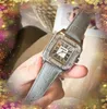 Luxus-Frauen-Quadrat-Diamanten-Ring-Zifferblatt-Uhr 36mm Mode-Frauen-Kleid-Uhren mit echtem Lederarmband Relogio feminin Dame Quarz-Armbanduhr