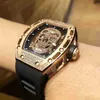 Luxury Mens Mechanics Watches Wristwatch Wine Barrel Mill Rm052 Series Fully Automatic Mechanical Mei Gold Full Diamond Tape Mens