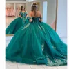 Verde escuro Quinceanera Vestidos Lace Applique Frisado Corset Voltar Fora das Alças Dos Ombros Custom Made Doce Princesa Partido Vestido de Baile Vestidos