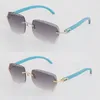 Nouveau modèle lunettes de soleil sans cadre femme 3524012 luxe bleu bois lunettes de soleil femmes grand carré Adumbral bois sans monture lunettes diamant coupe 3.0 épaisseur lentille taille 60