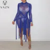 Lässige Kleider VAZN Europa und die Vereinigten Staaten 2022 Damenmode Sexy Perspektive Gaze Slim Body Gesäß Langarm Kleid Frauen