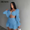 Two Piece Dress CMYAYA Women Two 2 Piece Set Outfits Elegant Lantern Sleeve Crop Tops and Ruffles Mermaid Mini Skirts Suit Matching Set Autumn J230506