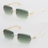 NY DESIGNER MODELL DIAMOND CUT RIMLESS SUNGLASSES KVINNA 3524012 Luxury White äkta naturligt horn solglasögon Kvinnor Stora fyrkantiga GLA296A