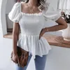 Frauen Blusen Frauen Geraffte Elastische Bluse Tops Herbst Frühling Kurze Laterne Hülse Feste Rüschen Gefaltete Shirts BJS-8301