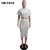 ツーピースドレスCmyaya Street Women SolidTie Hem Mini TshirtとMidi Ruched Skirtマッチング2つの2ピースセット服2022夏の新しいドレスJ230506