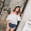 Blusas de mujer moda verano vacaciones rosa blanco camisa corta Sexy chica Slash cuello Top corto sin tirantes Puff manga fuera del hombro Slim Chic