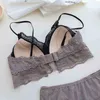 Bras Sets Japanese contrast color lingerie panties suit full lace thin underwear girl no steel ring small chest gather bra briefs set T220907