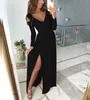 Casual Dresses Women Sexy Elegant Solid Maxi Dress V Neck Long Sleeve Front Split Hollow Out Tunic Black Red Autumn Spring Pary Robe2XL