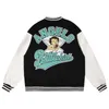 Herrjackor 2022 Varsity baseballjacka Harajuku Letter Angel Broderi Patchwork College Bomber Mode Par Streetwear-rockar