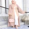 Dubai Müslüman Açık Abaya Başörtüsü Elbise Kadınlar Peluş Top Kimono Kaftan Dant-Up Jubah İslami Giyim Musulman Marocain Uzun Robe