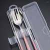 Dijkartikelen sets zilveren roestvrijstalen vork mes eetstokjes 3 in 1 bestek draagbare set met opslagcase voor reizen