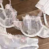 ブラスセットWriufred Light Luxury Transparent Underwear Set Embroidery Mesh Lace Sexy Ultra-Thin Bra Set Hot Gathered Women's Lingerie T220907